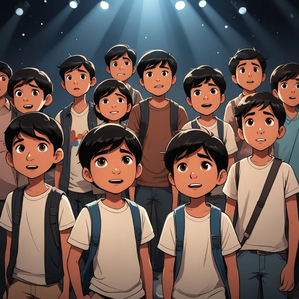 a group of young boys standing in front of a spotlight on a stage with a spotlight shining down on them, serial art, concept art, Fernando Amorsolo, official art