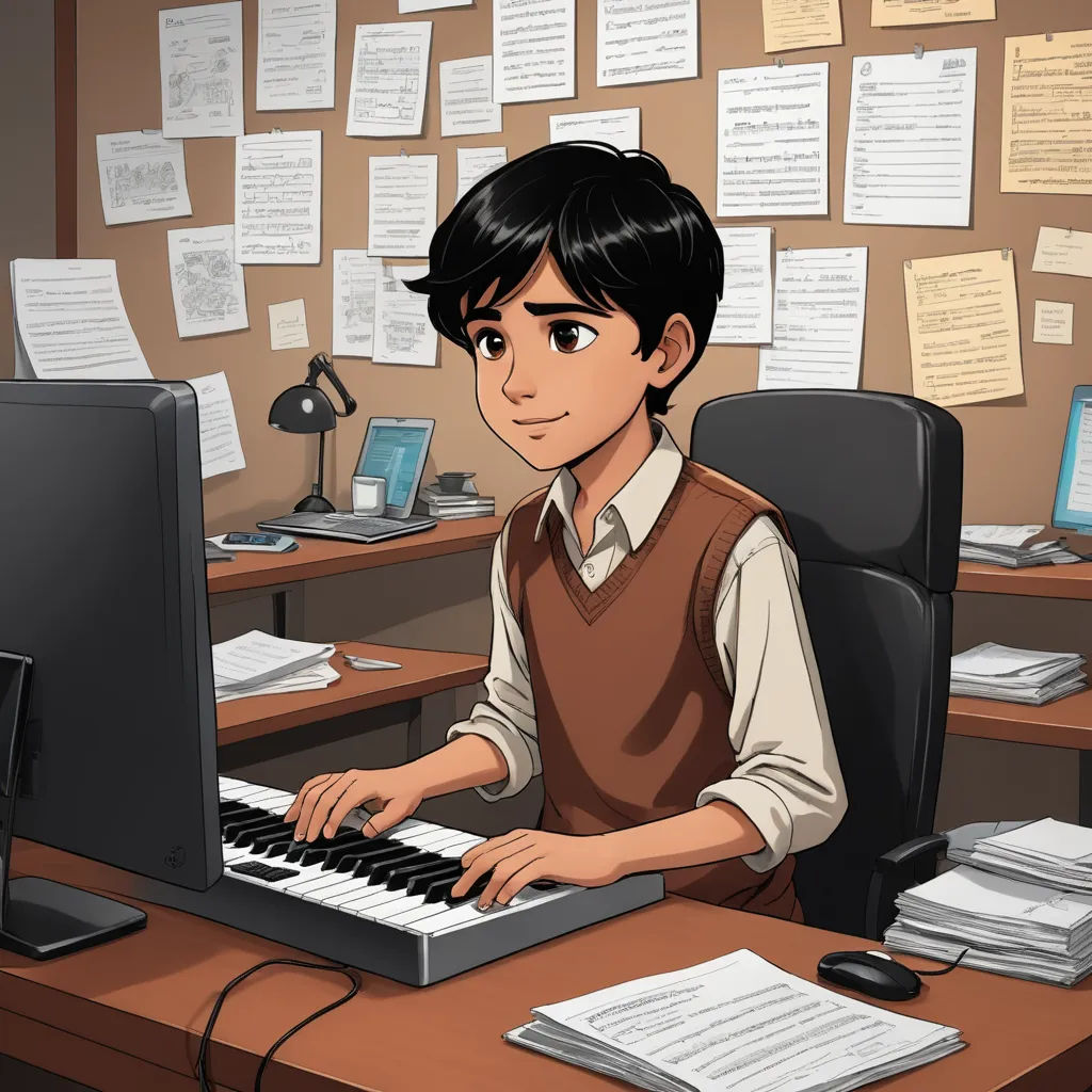 a boy is playing a keyboard in front of a computer monitor and a monitor screen with papers on it, serial art, a character portrait, Cedric Seaut (Keos Masons), 2 d game art