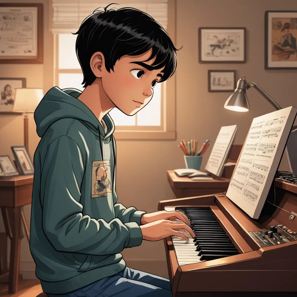 a boy playing a piano in a room with a lamp and a window in the background, with a lamp on, sots art, a comic book panel, Asaf Hanuka, official art