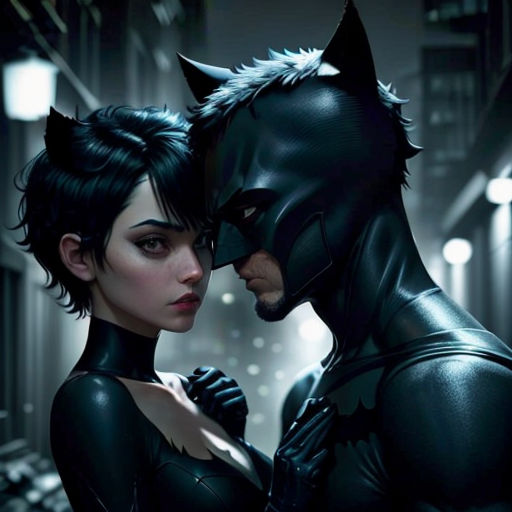 a couple of people that are dressed up as batman and catwomans in a city street at night