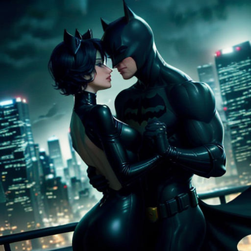 a couple of people that are in the dark knight costume kissing each other in front of a cityscape