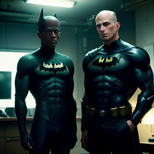 two men dressed as batman and robin wayne in a room with a desk and a lamp on it,