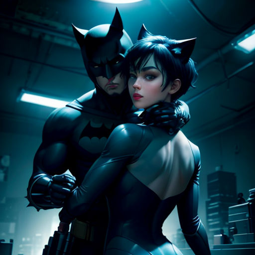 a couple of people in a room with a batman costume on and a catwoman costume on, and a man in a cat suit