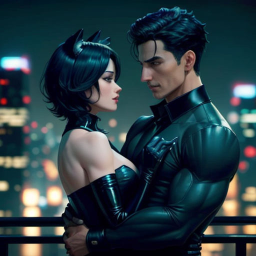 a man and woman in black leather clothes standing next to each other in front of a cityscape