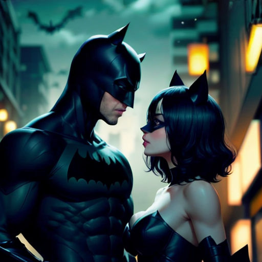 a couple dressed as batman and catwoman in a city at night with a full moon in the background
