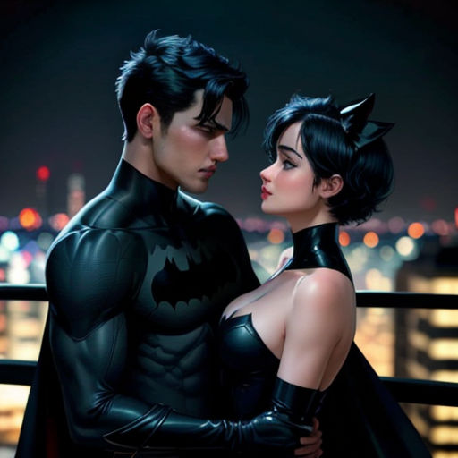 a man and woman dressed as batman and catwoman standing next to each other in front of a cityscape