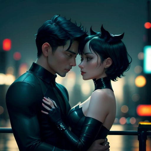 a couple in a black leather outfit embracing each other in the city at night with lights in the background