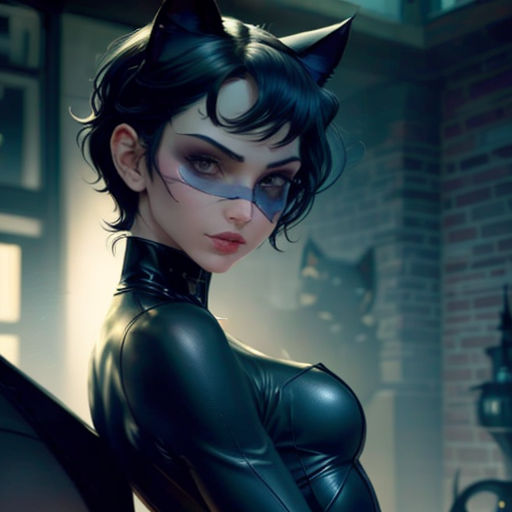a woman in a cat suit with a cat mask on her head and a cat tail on her head