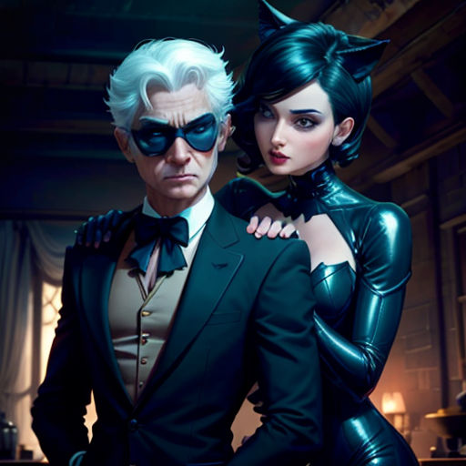 a man and woman dressed in black catsuits and catsuits, standing next to each other