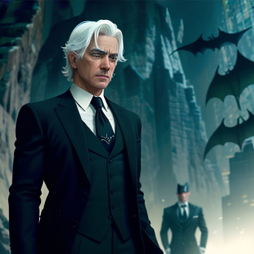 a man in a suit and tie standing in front of a batman poster with a bat on the wall