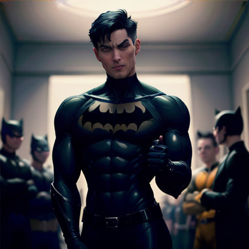 a man in a batman costume standing in a hallway with other men in suits behind him and a ceiling light