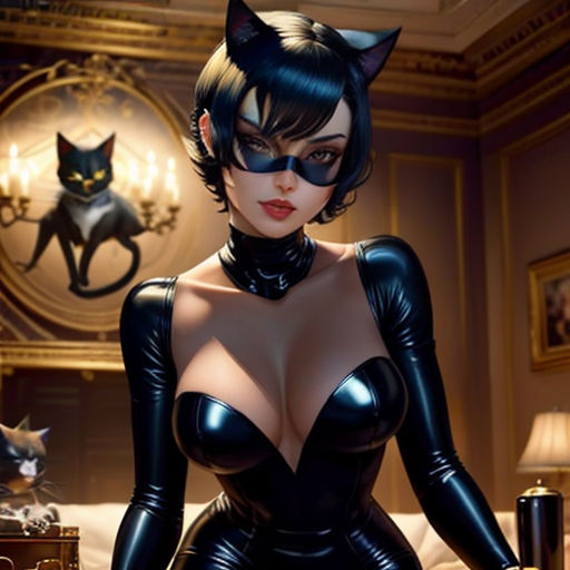 a woman in a cat suit is standing in a room with a cat on her head and a cat on her shoulder