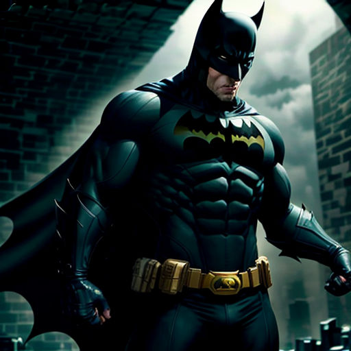 a man in a batman costume standing in a dark alleyway with a bat on his chest and a bat on his shoulder
