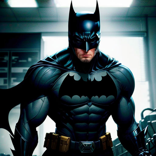 a man in a batman costume standing in a room with a bat on his chest and a helmet on