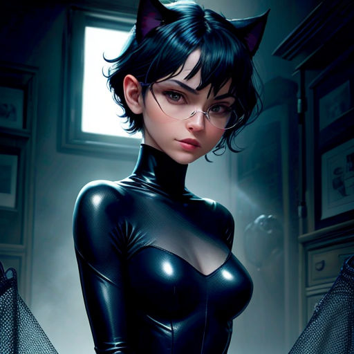 a woman in a cat suit is standing in a room with a cat ears on her head and a cat tail on her head