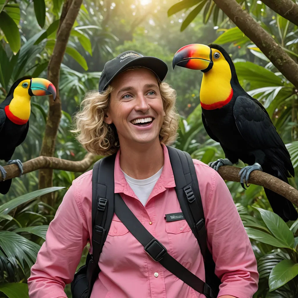 a woman standing in front of two toucans on a tree branch in a jungle setting with sunlight shining through the leaves, private press, a character portrait, Chris LaBrooy, promotional image