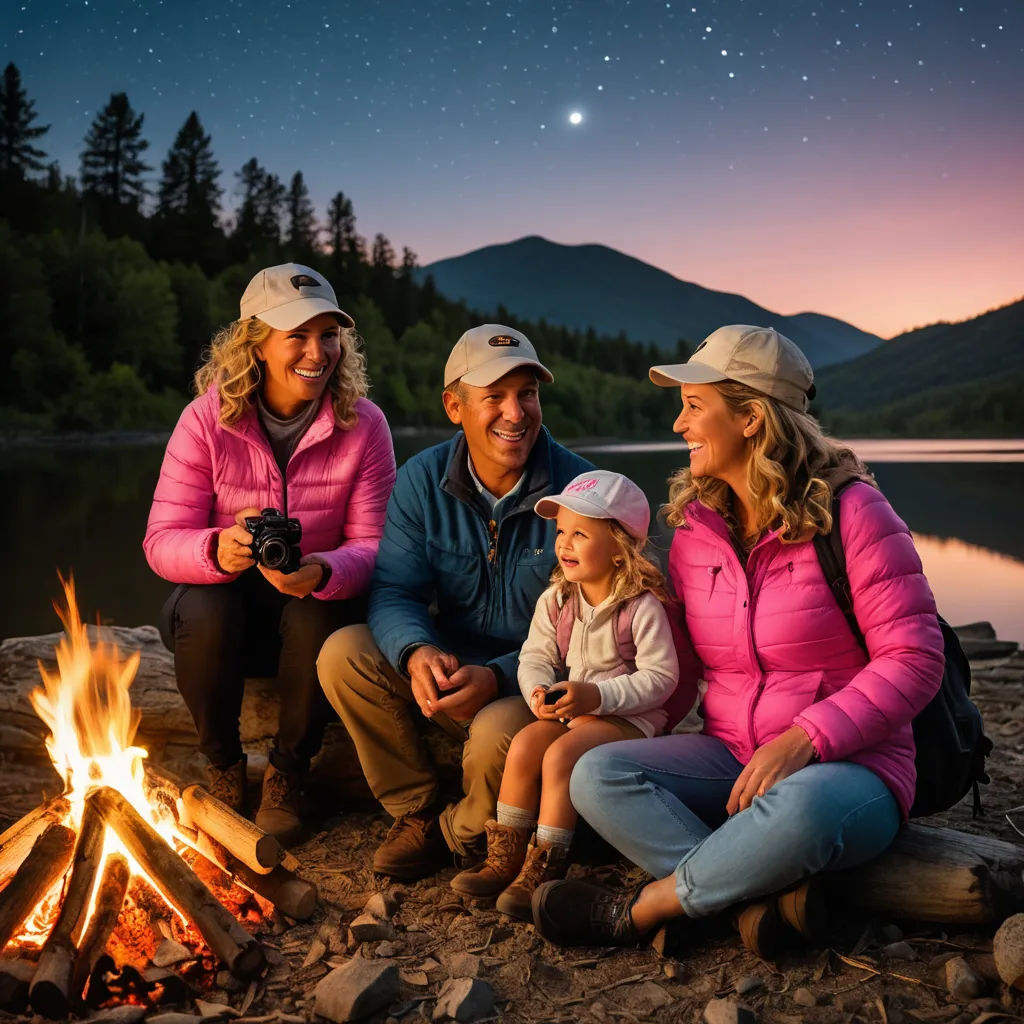a family sitting around a campfire at night time with a view of the mountains and a lake in the background, incoherents, a stock photo, Christian Hilfgott Brand, portrait photography