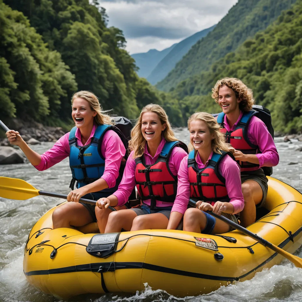 a group of women riding on the back of a raft down a river in a river surrounded by mountains, heidelberg school, a stock photo, Avgust Černigoj, promotional image