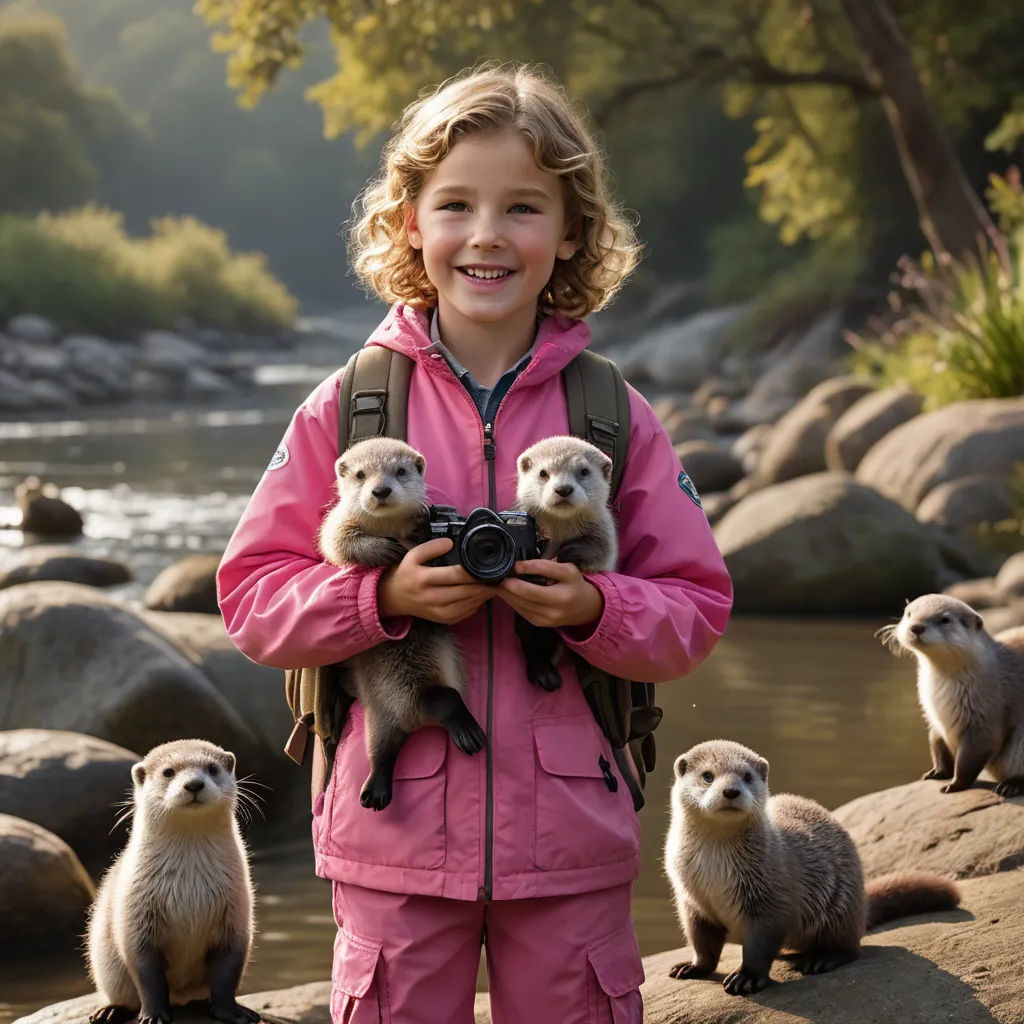 a girl in a pink jacket holding a camera and some otters on a rock by a river and trees, heidelberg school, a stock photo, Brigette Barrager, animal photography