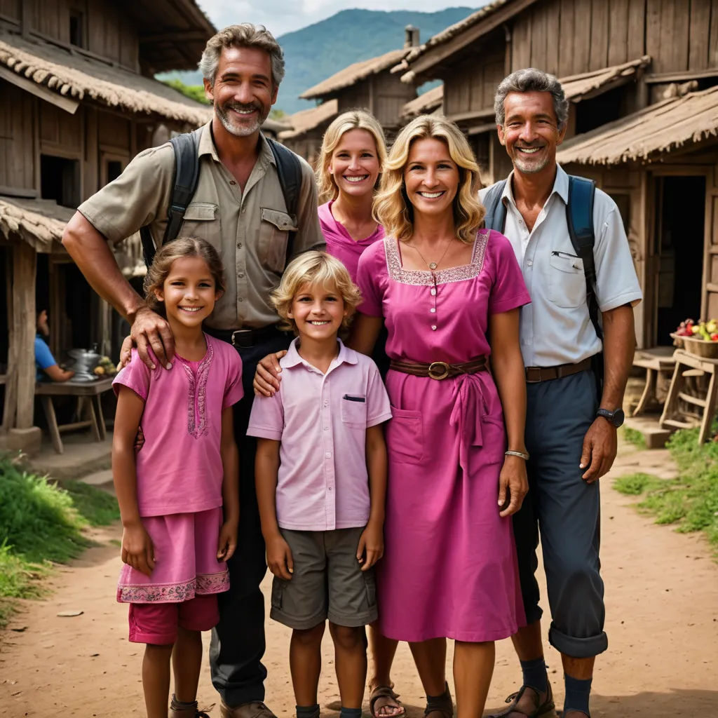 a family poses for a picture in front of a village with wooden buildings and a dirt path leading to the front of the house, sumatraism, a character portrait, Breyten Breytenbach, promotional image