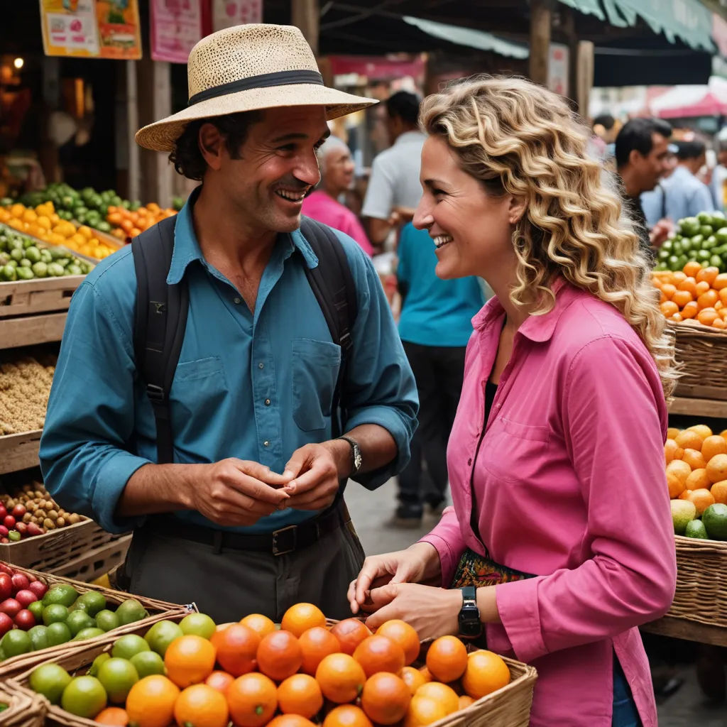 a man and woman standing in front of a fruit stand talking to each other in a market area with lots of fruit, serial art, a stock photo, Ceferí Olivé, promotional image