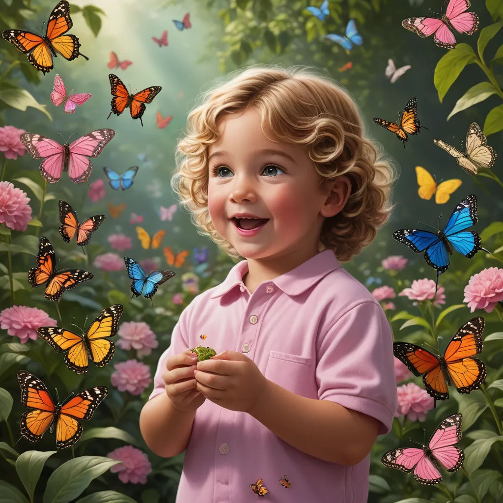a little girl standing in a field of flowers with butterflies around her and a butterfly in her hand,, magic realism, an airbrush painting, Bob Byerley, highly detailed digital painting