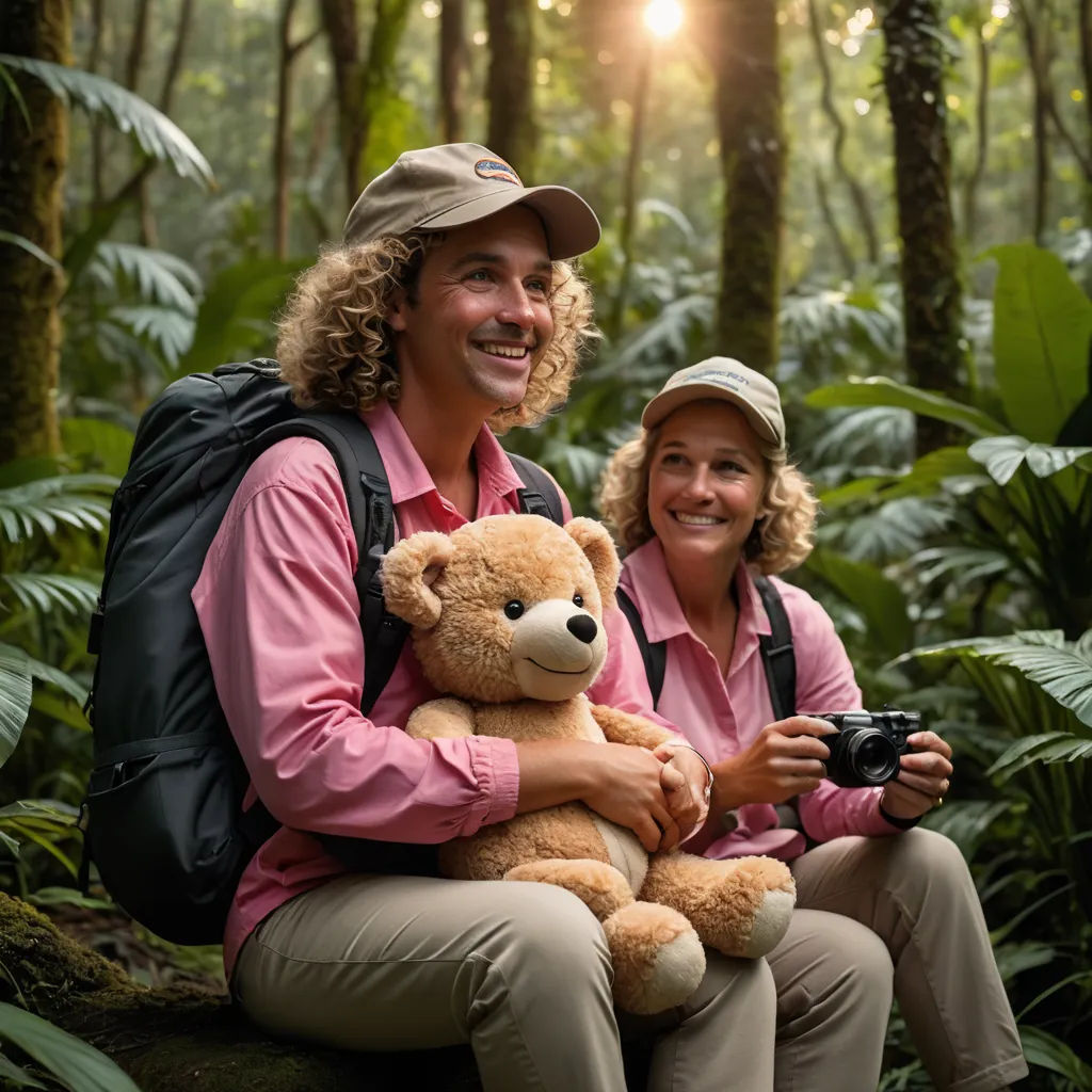 a man and woman sitting on a log holding a teddy bear in the woods with a camera in hand, kitsch movement, a stock photo, Felix-Kelly, portrait photography