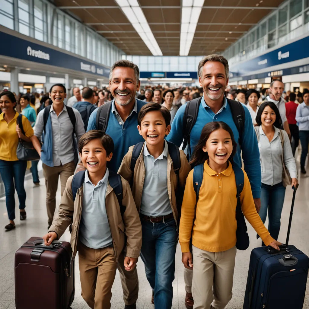 a group of people walking through a terminal with luggage bags on their backs and smiling at the camera man is holding a suitcase, incoherents, a stock photo, Daniel Lieske, promotional image
