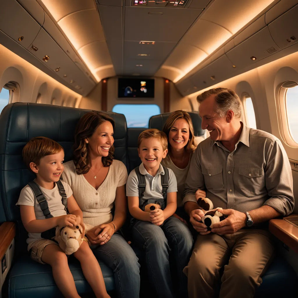 a family sitting on a plane with stuffed animals in their hands and smiling at the camera, with the man holding the child, private press, a storybook illustration, Doug Ohlson, portrait photography