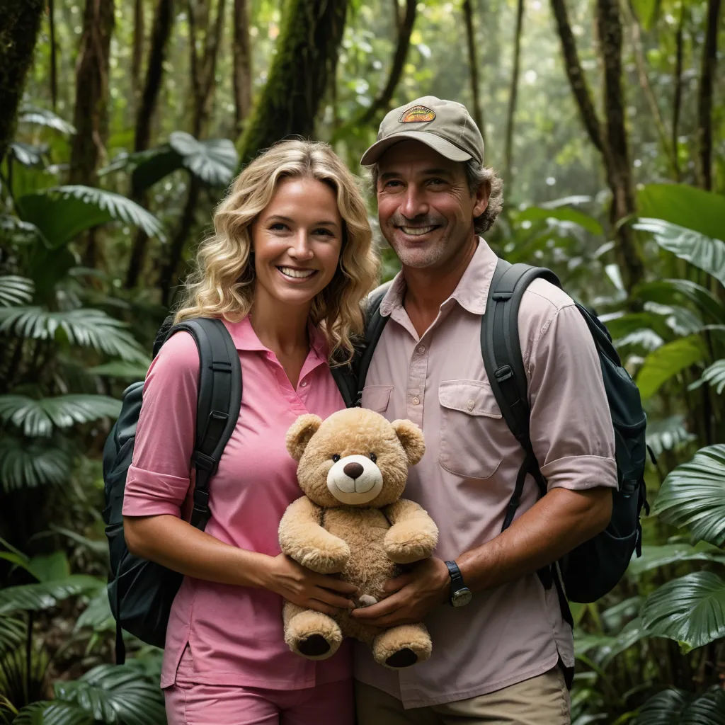 a man and woman standing in the woods holding a teddy bear and smiling at the camera with a backpack on, primitivism, a stock photo, Bernd Fasching, promotional image