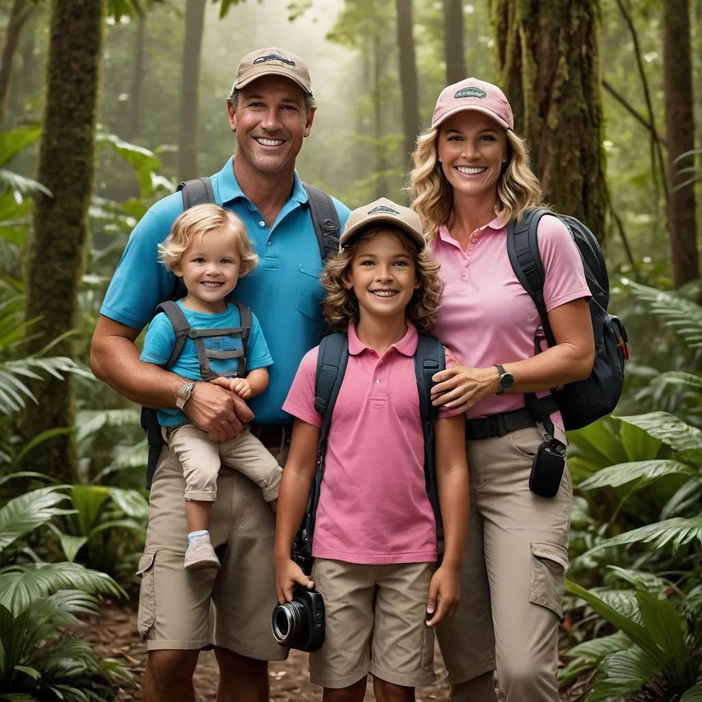 a man and two women and a child in the woods with a backpack on their shoulders and a backpack on their shoulder, precisionism, a stock photo, Christian Hilfgott Brand, portrait photography