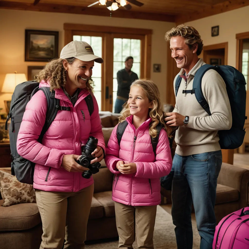 a man and two girls are standing in a living room with a camera and a backpack on their shoulders, heidelberg school, a stock photo, Christian Hilfgott Brand, promotional image