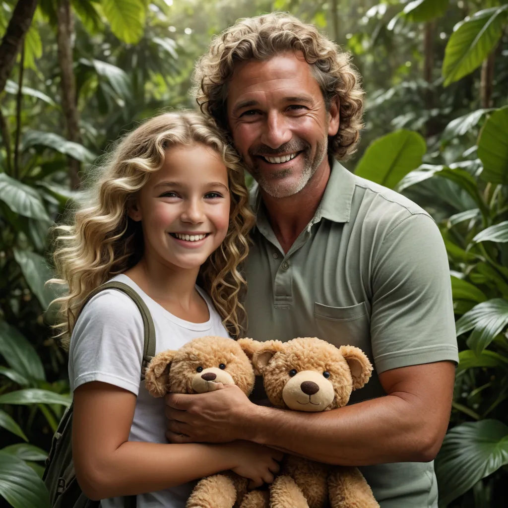 a man and a girl holding a teddy bear in a jungle setting with trees and plants behind them and a jungle background, neoplasticism, a stock photo, Andries Both, portrait photography
