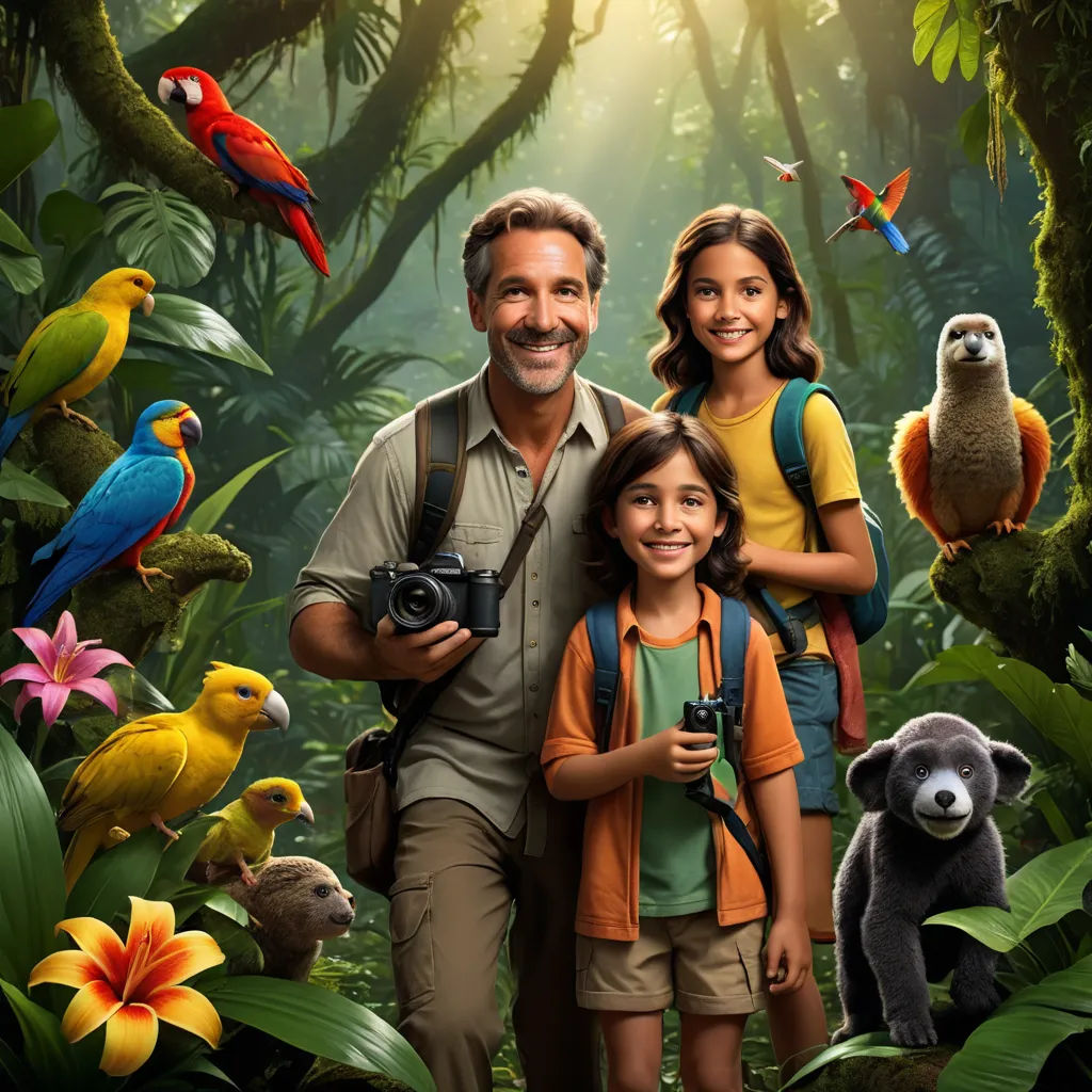 a man and a woman standing in front of a jungle scene with birds, monkeys, and a camera, primitivism, a poster, Chris LaBrooy, promotional image