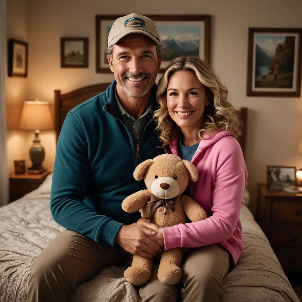 a man and woman sitting on a bed with a teddy bear in their arms and smiling at the camera, lowbrow, a stock photo, Eric Taylor, promotional image