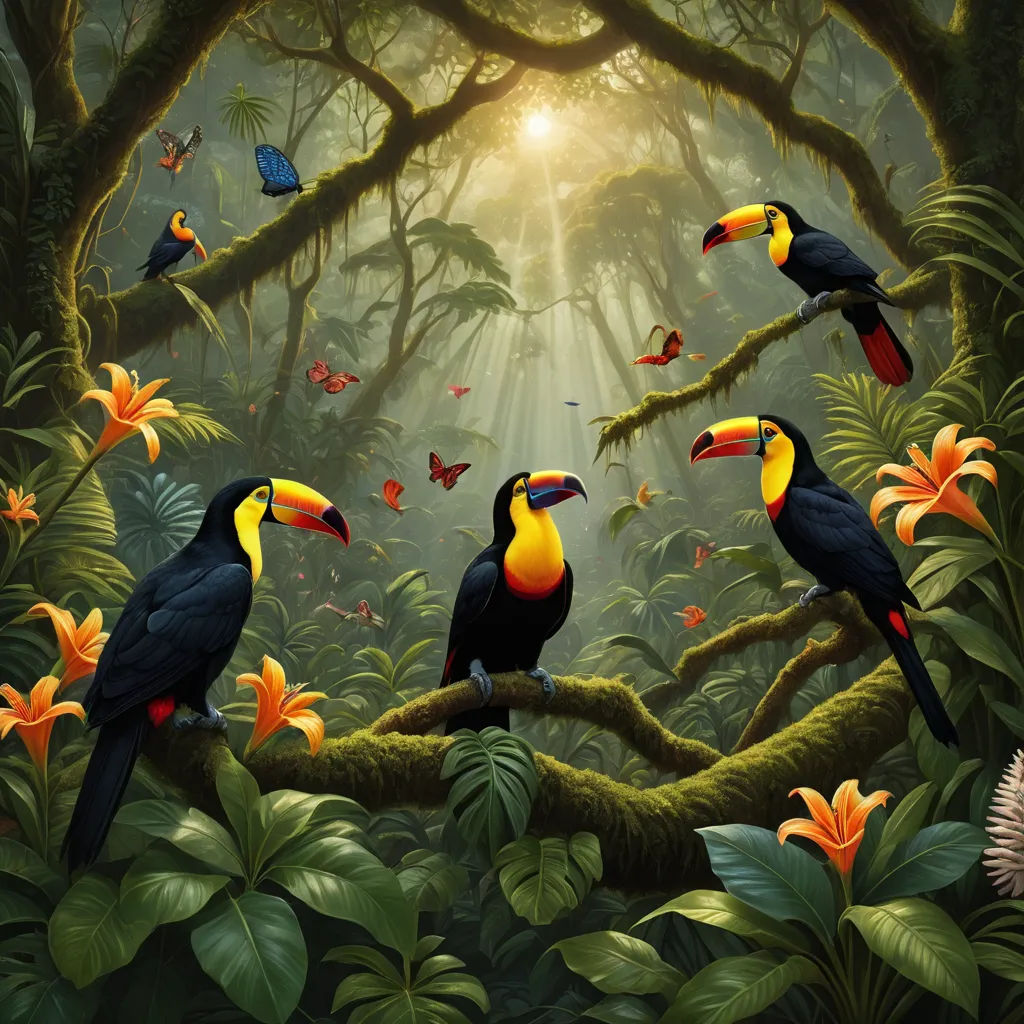 a painting of birds in a tropical forest with butterflies and flowers around them and a sunbeam in the background, naturalism, a detailed matte painting, Chris LaBrooy, highly detailed digital painting