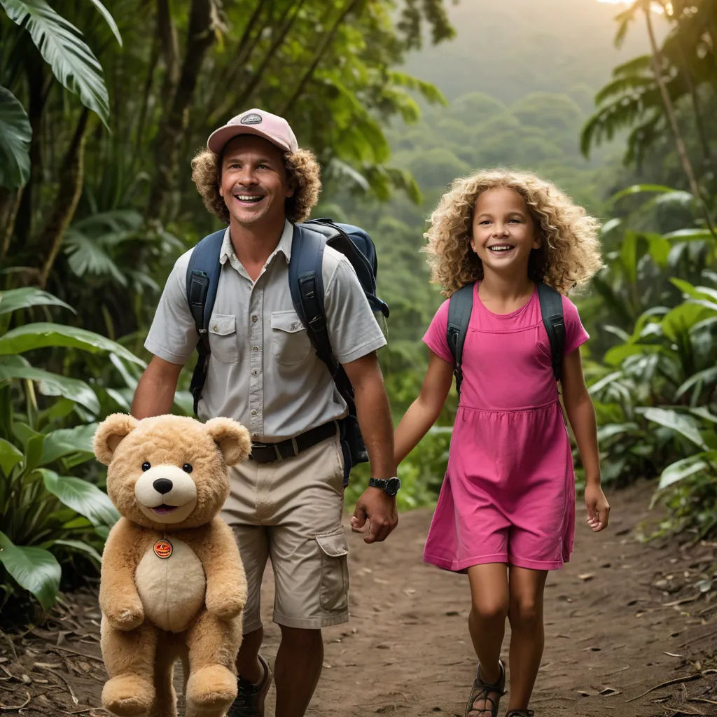 a man and a girl walking down a trail with a teddy bear in hand and a backpack on their back, kitsch movement, a stock photo, Daniel Lieske, promotional image