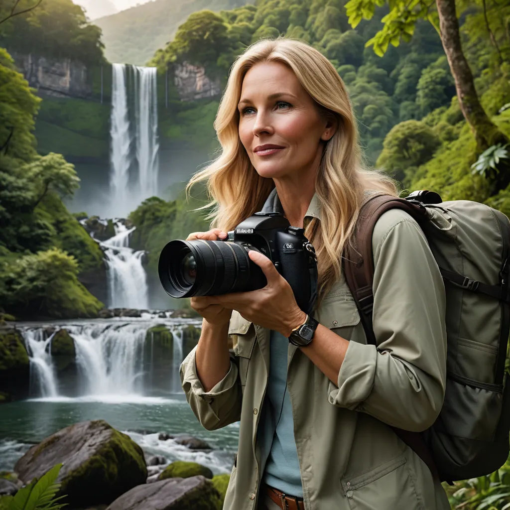 a woman taking a picture of a waterfall with a camera in her hand and a backpack on her shoulder, photorealism, a stock photo, Cindy Wright, canon eos r 3