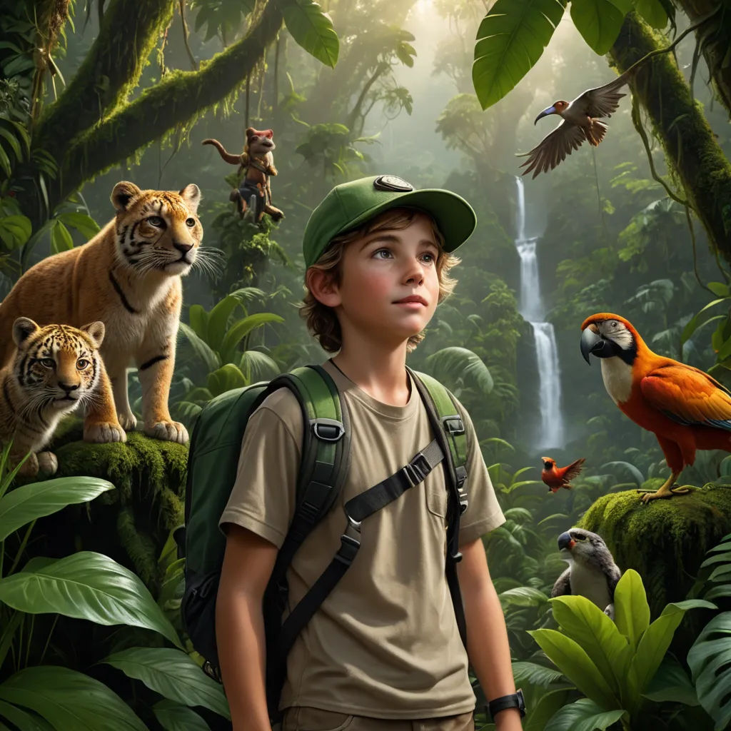 a boy in a jungle with a tiger and other animals in the background and a waterfall in the background, photorealism, a detailed matte painting, Diego Gisbert Llorens, highly detailed digital painting