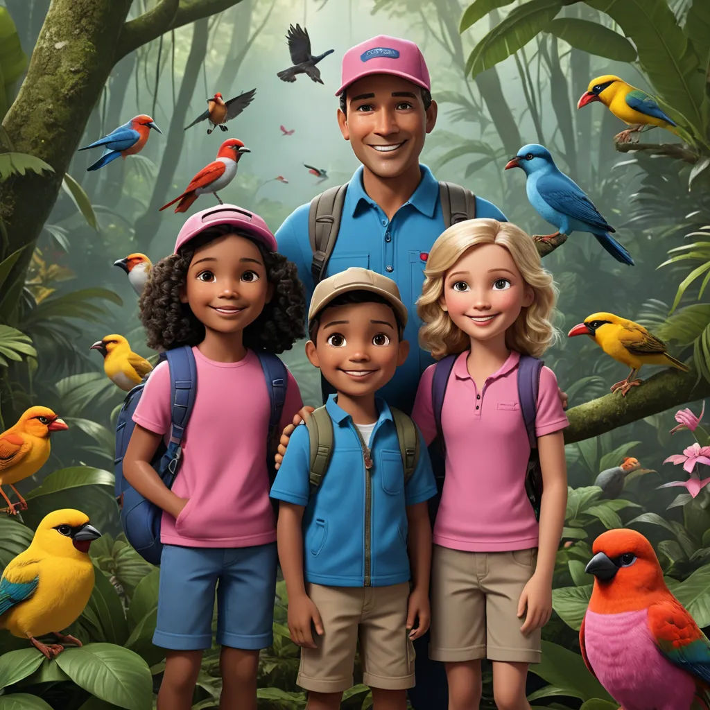 a man and two children standing in front of a forest with birds on it and a bird on the tree, neo-primitivism, poster art, Chris LaBrooy, promotional image