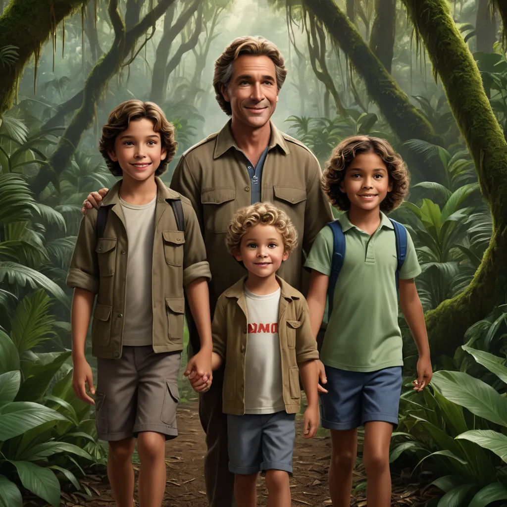 a man and two children standing in front of a jungle scene with trees and plants on the ground and a man in the middle of the picture, photorealism, a photorealistic painting, Diego Gisbert Llorens, promotional image