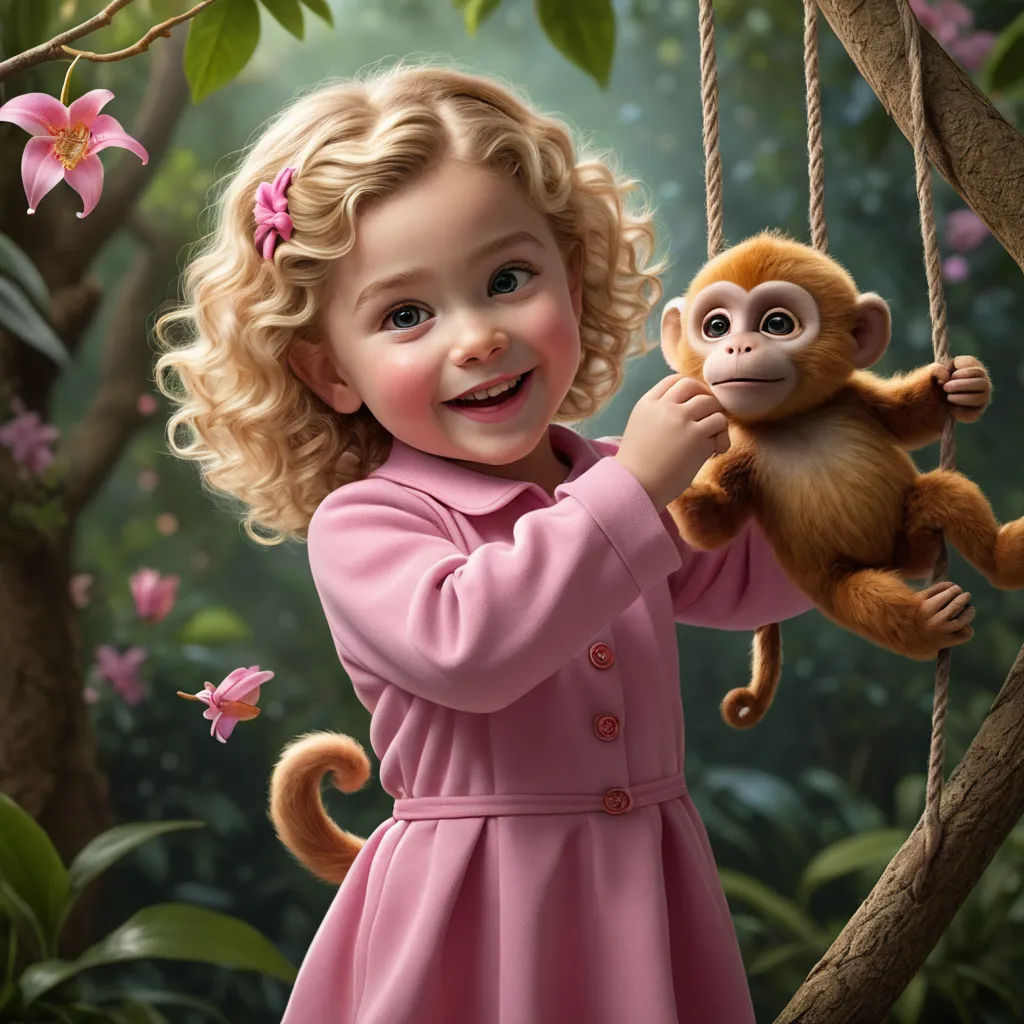 a little girl holding a monkey on a swing in a forest with pink flowers and a pink flowered tree, photorealism, a photorealistic painting, Celia Fiennes, cgstudio