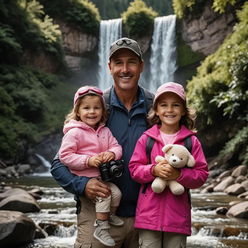 a man and two children standing in front of a waterfall with a camera in their hands and a teddy bear in their hands, heidelberg school, a stock photo, Bernd Fasching, portrait photography