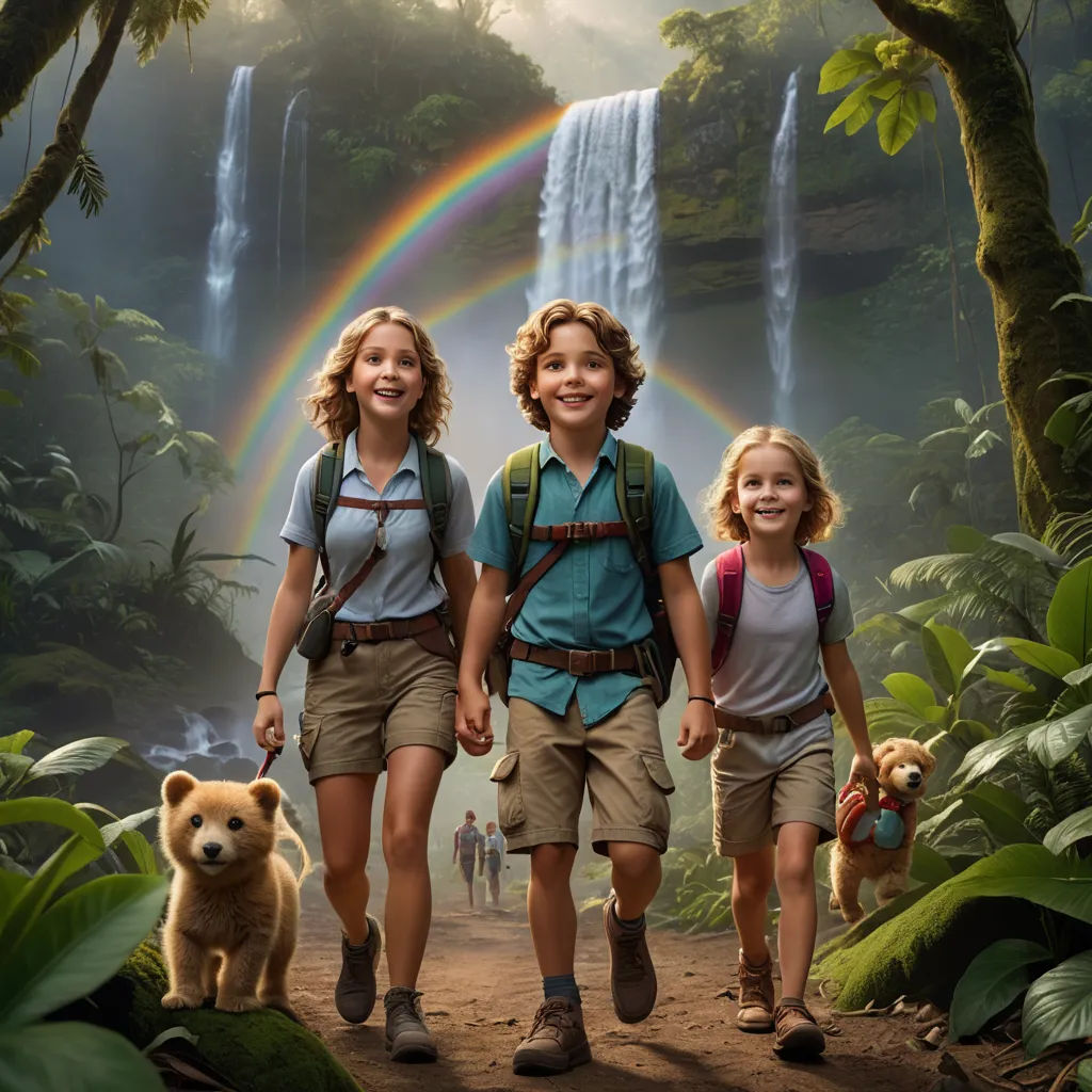 a group of children walking down a dirt road with a bear and a waterfall in the background and a rainbow in the sky, magical realism, a poster, Adam Rex, promotional image