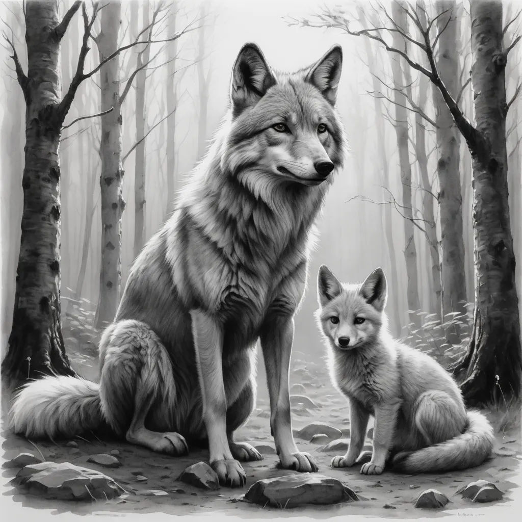 a couple of foxes sitting next to each other in the woods with trees and rocks in the background,, furry art, an ultrafine detailed painting, Dan Mumford, trending on art station