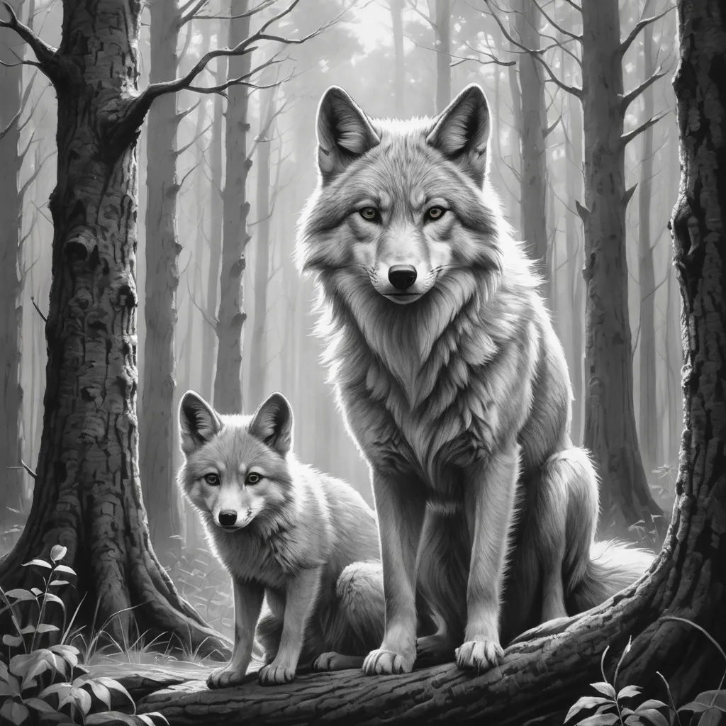 a painting of two foxes in a forest with trees and leaves on the ground, one of them is looking at the camera, furry art, a black and white photo, Dan Mumford, official art