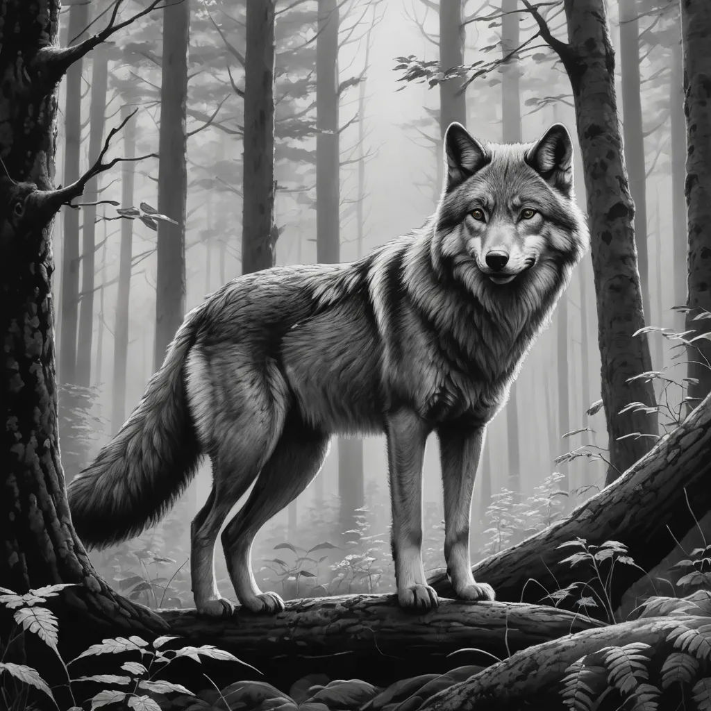 a wolf standing on a log in a forest with trees and ferns in the background, with a foggy sky, modern european ink painting, an illustration of, Caspar Wolf, trending on art station
