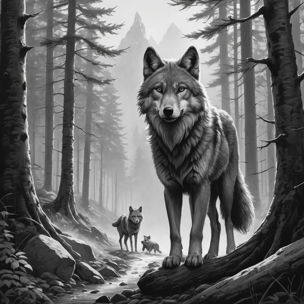 a wolf standing on a forest floor next to a forest filled with trees and rocks with two wolfs, furry art, a black and white photo, Dan Mumford, highly detailed digital painting
