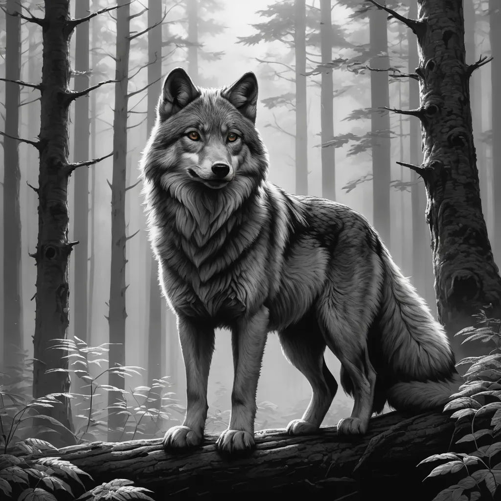 a wolf standing on a log in a forest with trees and grass in the background, with a full moon in the sky, furry art, a black and white photo, Dan Mumford, highly detailed digital art