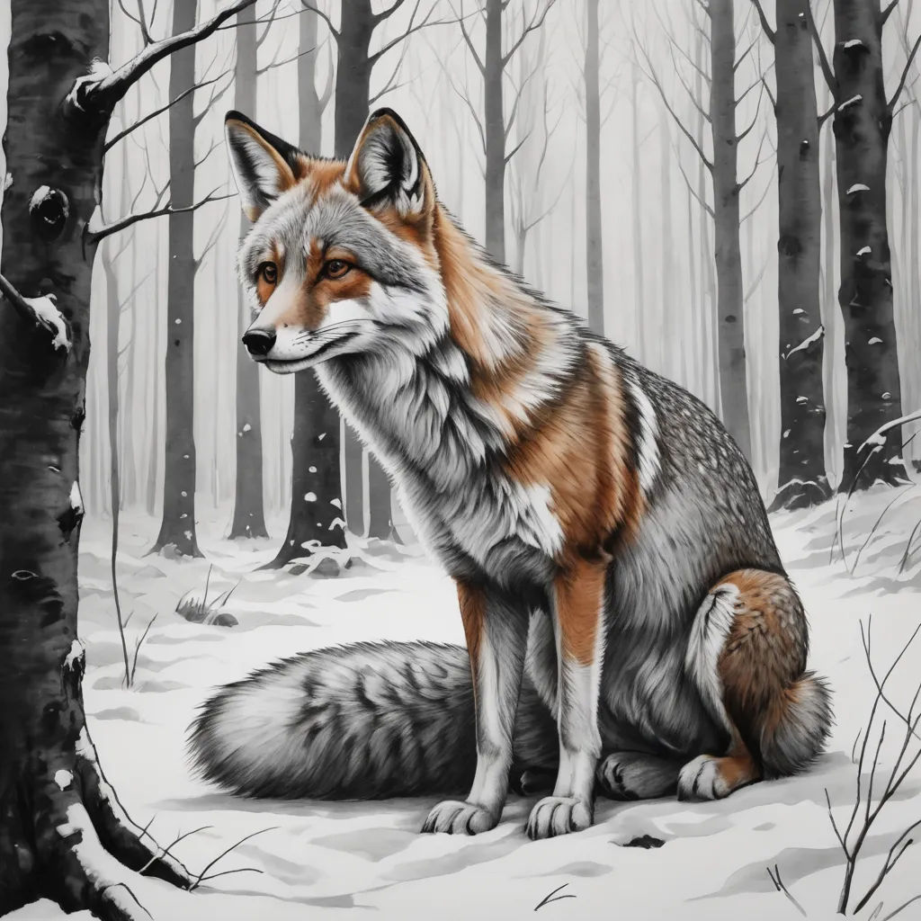 a painting of a fox sitting in the snow in front of a tree trunk and a forest with snow, furry art, an airbrush painting, Dan Mumford, in gouache detailed paintings